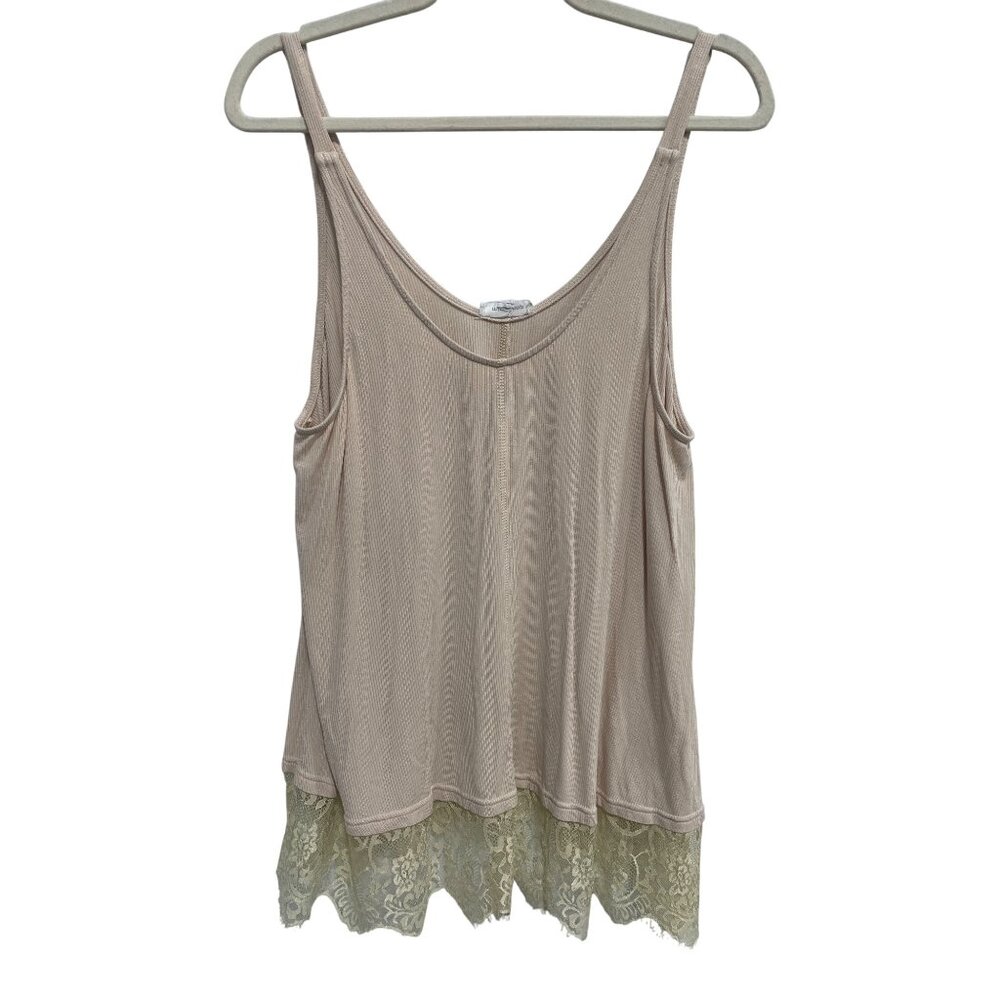 Mittoshop Tank Top Size Medium Sleeveless Scoop Neck Lace Hem Beige Boho Neutral